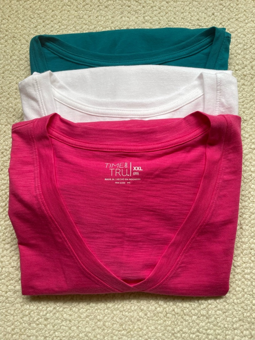 Time and Tru 3 Piece Tee Bundle | V-Neck Cotton Tops Pink Teal White